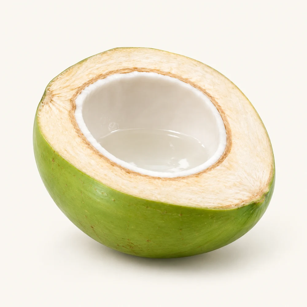 A freshly cut green coconut half with clear water, a thin white flesh lining, and a cleanly sliced cream husk