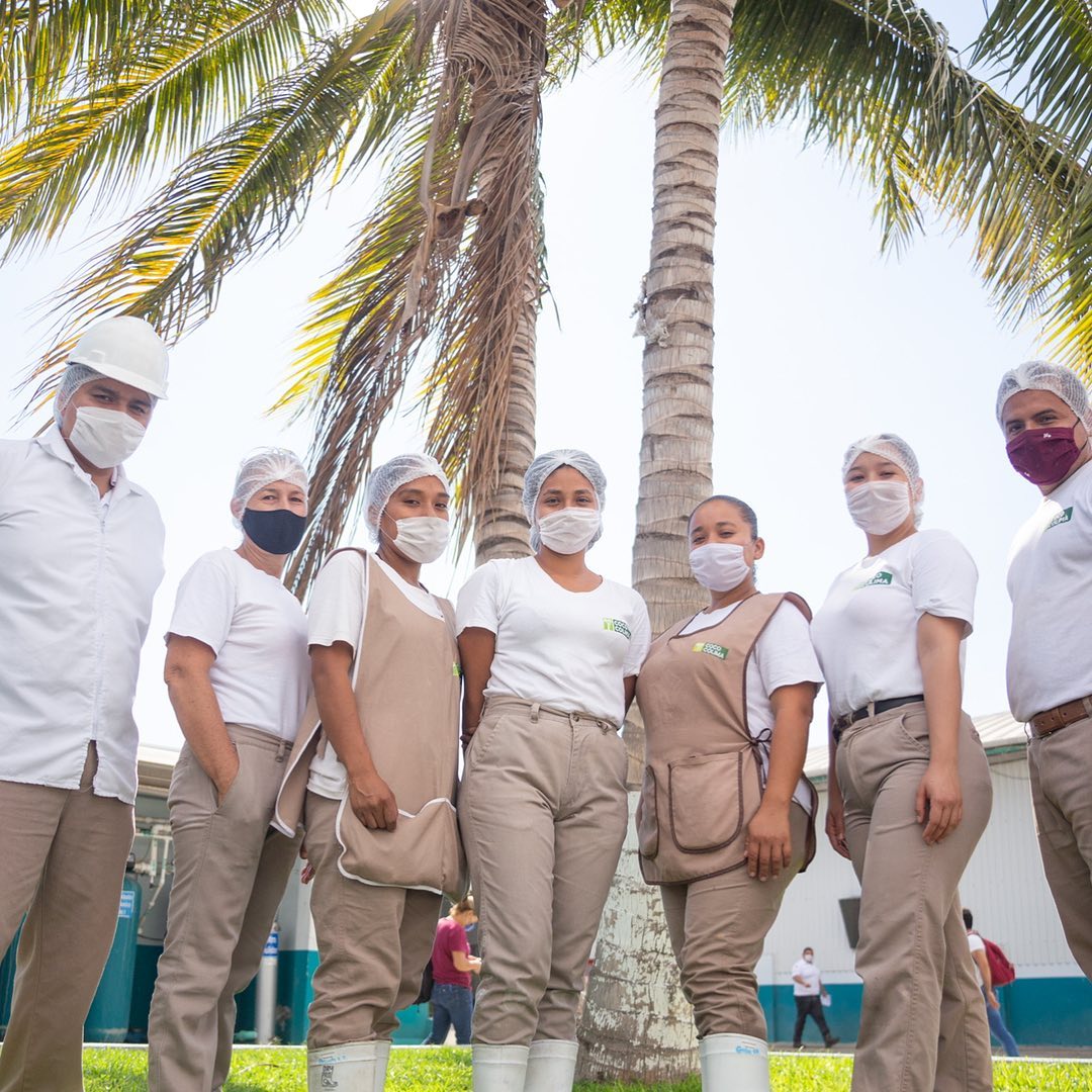 The A de Coco team together beneath a coconut palm